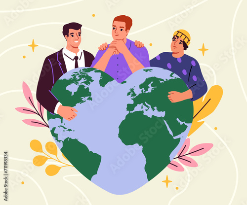Volunteers community with heart globe. Care about nature and ecology. Men and woman with planet. Generosity and kindness. Activists team. Poster or banner. Cartoon flat vector illustration