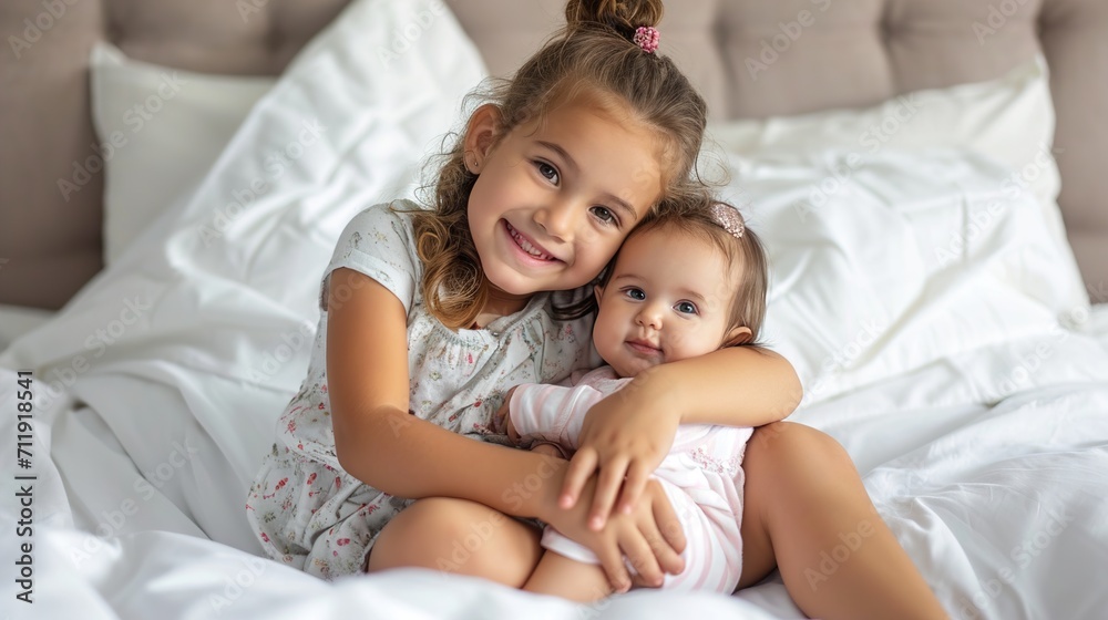 happy child holding cute little sister while sitting on white bed - obrazy, fototapety, plakaty 