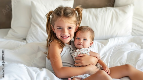 happy child holding cute little sister while sitting on white bed