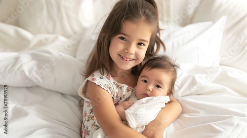 happy child holding cute little sister while sitting on white bed