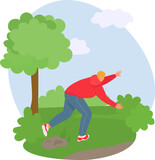 Young man in red jacket tripping over rock in park. Accident during walk, unexpected stumble, outdoor mishap vector illustration.