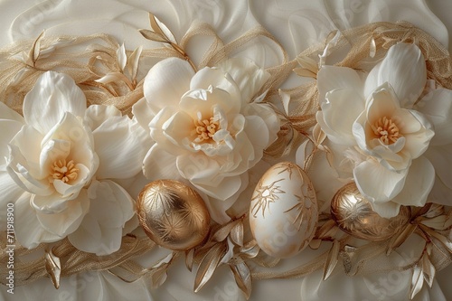 A grand Easter composition with eggs encased in fine gold mesh  surrounded by a halo of ivory gardenias  with a refined area for text.