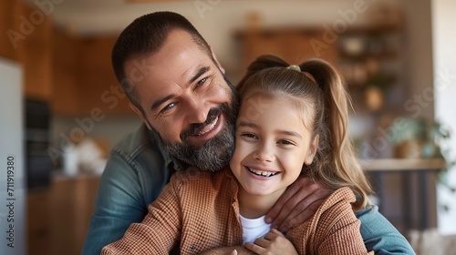 portrait of caring father embracing happy girl