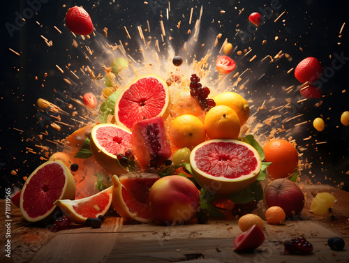 A vibrant display of nature's bounty as a variety of ripe fruits burst open, splattering the scene with juicy orange hues and tempting aromas of wholesome produce photo