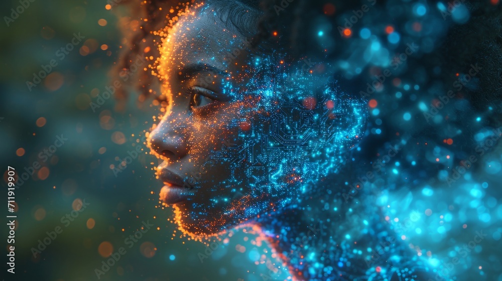 A person exploding with information from technology. A person exploding with information from technology.