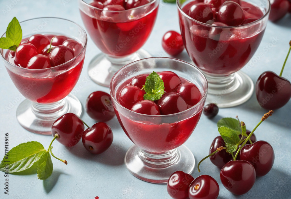 Three glass cups containing sweet cherry jelly