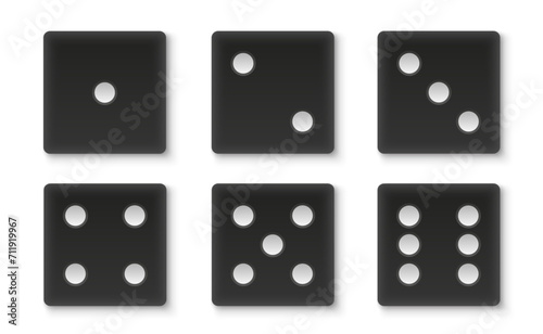 Black dice set. Collection of dice cubes with numbers. Casino, lottery and gambling game elements. Top view icons. Realistic vector illustration