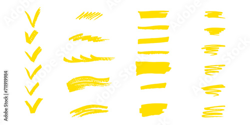 Brushes and elements for notes highlighting text. Ticks strokes highlighting yellow. Vector illustration...