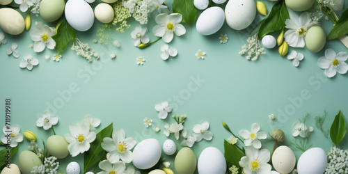 Border of Easter eggs with spring flowers and leaves. Top flat view with pastel green and white colors background