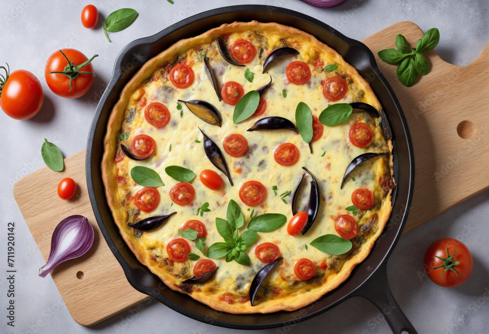 Top view of a delicious frittata made with red onion, eggplant, and tomato