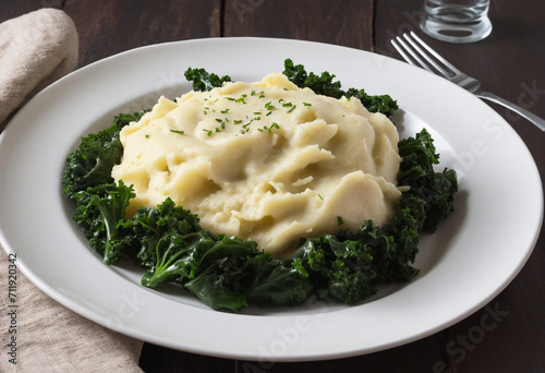 A Traditional Side Dish of Mashed Potatoes and Kale