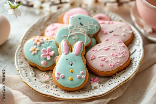 An assortment of beautifully iced Easter cookies shaped like bunnies and eggs, displayed on a decorative plate, surrounded by spring blossoms