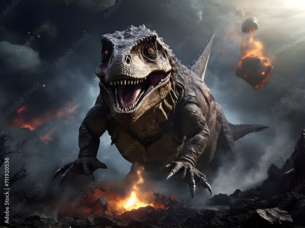 Dinosaurier, nachdem ein eingeschlagener Asteroid ein Inferno angerichtet hat - obrazy, fototapety, plakaty 