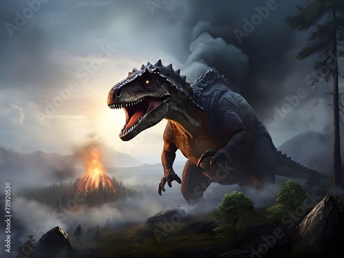 Dinosaurier  nachdem ein eingeschlagener Asteroid ein Inferno angerichtet hat