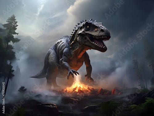 Dinosaurier, nachdem ein eingeschlagener Asteroid ein Inferno angerichtet hat © pit24