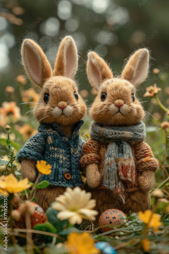 A whimsical portrayal of two anthropomorphic Easter bunnies in elegant vintage clothing, surrounded by colorful spring flowers and decorated eggs A whimsical portrayal of two anthropomorphic Easter bunnies in elegant vintage clothing, surrounded by colorful spring flowers and decorated eggs