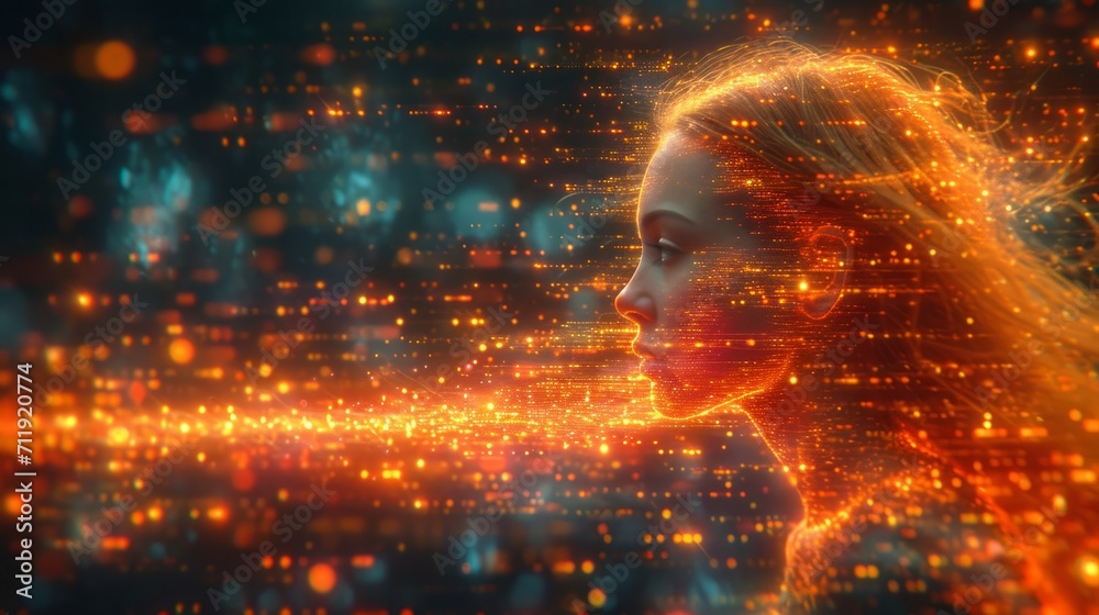 A person exploding with information from technology. 