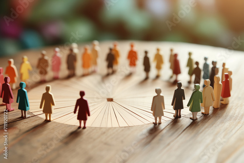 DEI, Diversity equity and inclusion concept. People figures in the circle. Team work, diverse culture. Copy space and selective focus. High quality photo photo