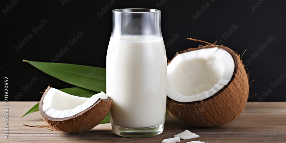 Fresh coconut milk in a glass, vegan non dairy, healthy drink Fresh coconut milk in a glass, vegan non dairy, healthy drink