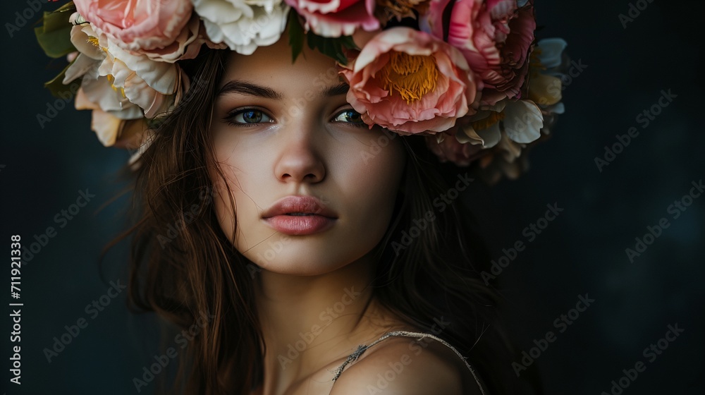 a woman with a flower crown on her head