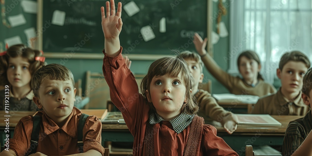 A boy in a school class, vintage style, from the 70s/80s, raises his hand to ask the teacher in front of his classmates. - obrazy, fototapety, plakaty 