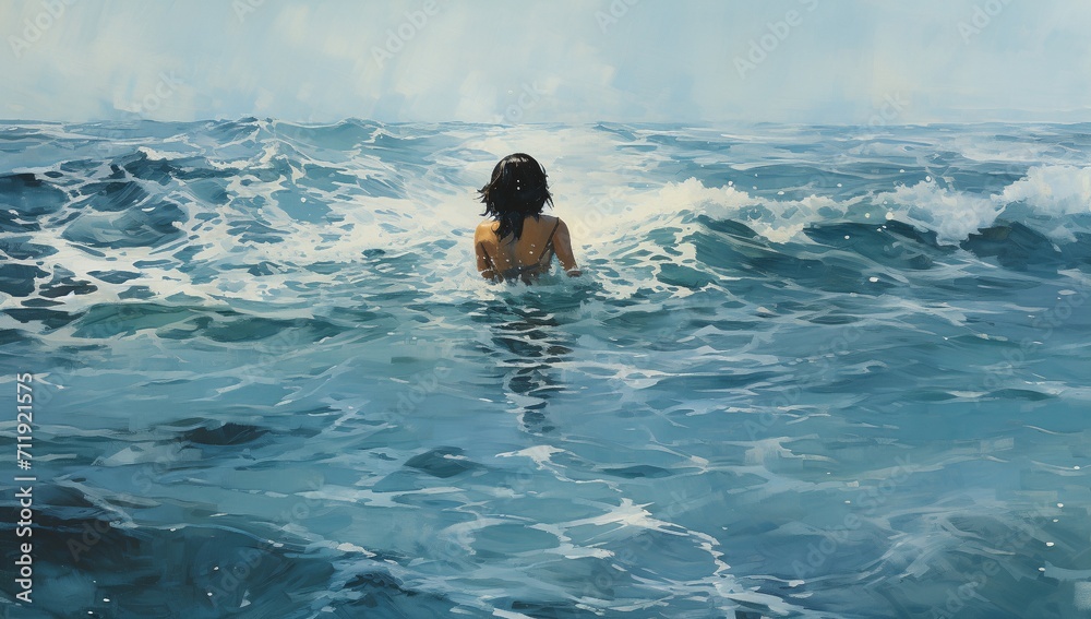 a painting of a woman in the ocean