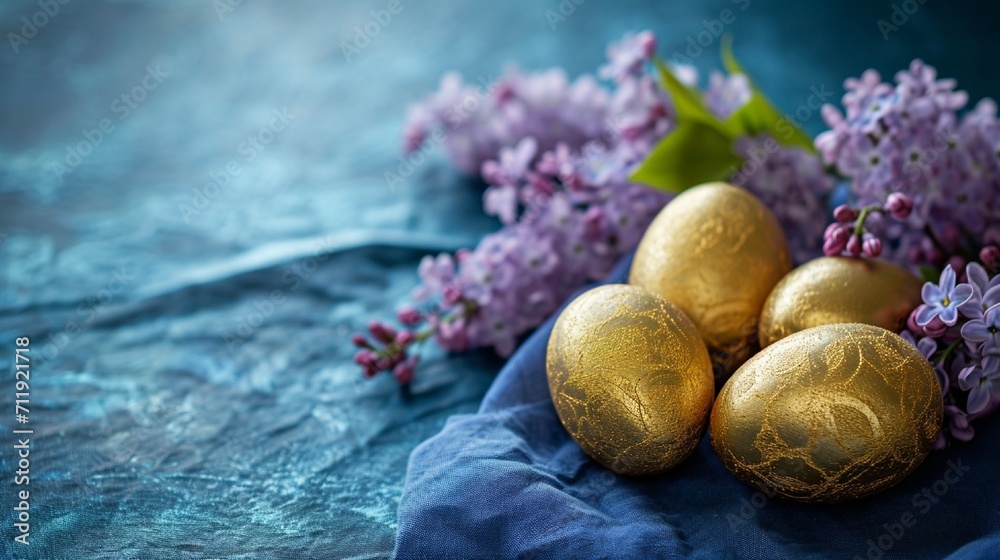 Elegant Easter display on a blue linen, featuring golden eggs and lilacs, with ample space for text. Rich colors and textures.
