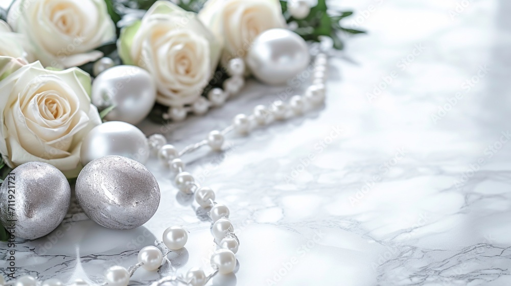 Elegant Easter display on a marble surface, with silver and pearl eggs among white roses, space for text. Luxurious and refined. Elegant Easter display on a marble surface, with silver and pearl eggs among white roses, space for text. Luxurious and refined.