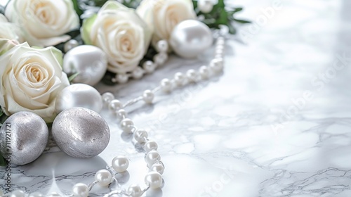 Elegant Easter display on a marble surface, with silver and pearl eggs among white roses, space for text. Luxurious and refined.
