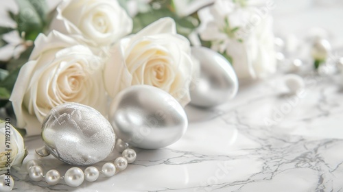 Elegant Easter display on a marble surface  with silver and pearl eggs among white roses  space for text. Luxurious and refined.