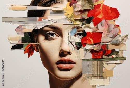 Abstract art portrait of young woman with flowers decoration comeliness