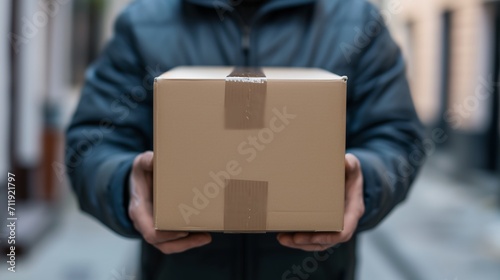 A courier holds a cardboard box in his hands © progressman