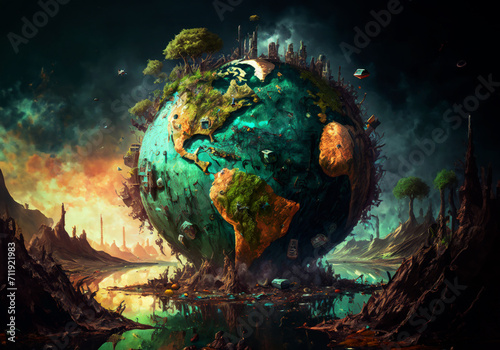 illustration of dramatic scenery about earth that being destruct by pollution