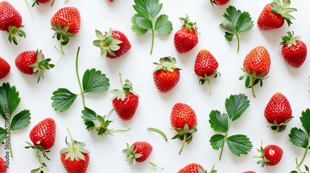 a pattern of strawberries on a white background - obrazy, fototapety, plakaty 