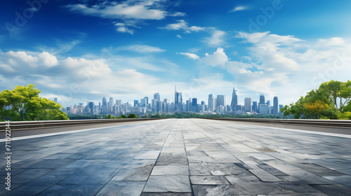 Cityscape and skyline of chicago from empty brick floor with blue sky