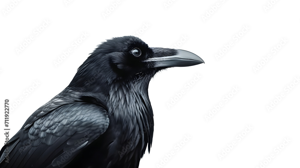 Close up portrait of black raven isolate on a white background. A black crown is sitting, png. Close up portrait of black raven isolate on a white background. A black crown is sitting, png.