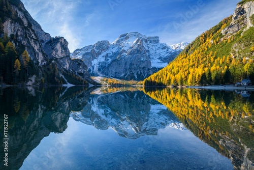 Croda del Becco, Seekofel, reflected in lake in autumn, Braies Lake, Lago di Braies, Pragser Wildsee, Bolzano Province, Bozen Province, Alto Adige, South Tyrol, Dolomites, Italy, Europe photo