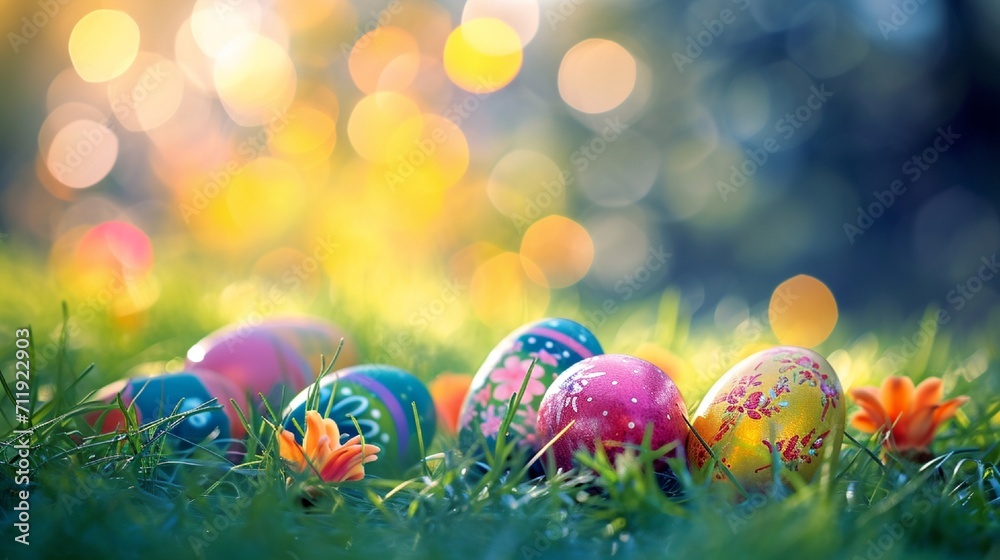 Outdoor Easter picnic scene with colorful painted eggs and spring flowers on grass, arranged centrally for text. Vivid, natural setting.