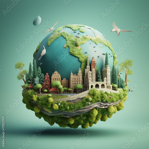 Fantasy planet with buildings and trees in the shape of a globe photo