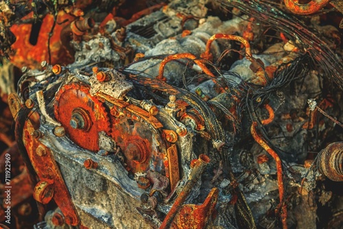 Close-up of a rusted and damaged engine with clearly visible metal parts, abandoned A4 motorway, Lost Place, Buir, Kerpen, North Rhine-Westphalia, Germany, Europe photo