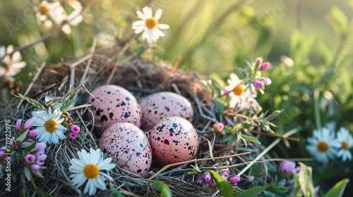 Pastoral Easter setting with speckled eggs in a nest of hay, encircled by wildflowers, with a text-friendly layout. Rustic charm.