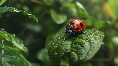 An illustration of ladybug sitting on a leaf in the rainforest