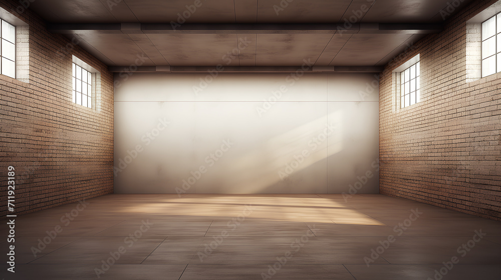 Large spacious empty room with brown brick walls. Large spacious empty room with brown brick walls.
