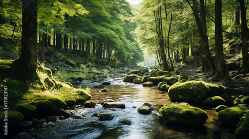 Beautiful landscape of green forest and mountain river in the morning.