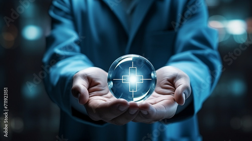 Businessman on blurred background holding 3D rendering medical cross in his hands