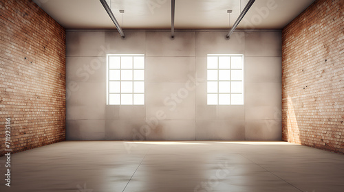 Large spacious empty room with brown brick walls.