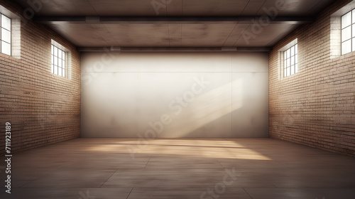 Large spacious empty room with brown brick walls.