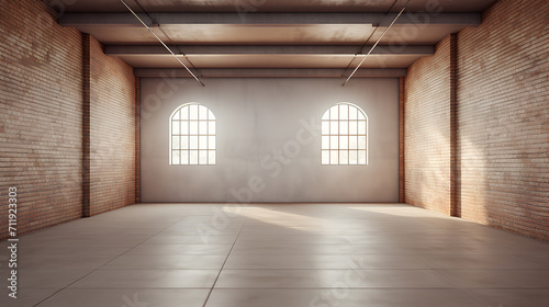 Large spacious empty room with brown brick walls.