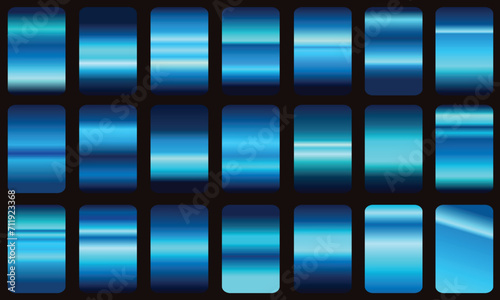 Vector set of blue metallic gradients, swatches collection, shiny gradients set on black background, metallic texture