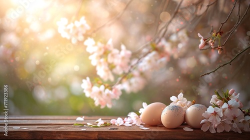 Rustic Easter composition on a wooden table, with soft-hued eggs among cherry blossoms, leaving space for text. Realistic textures and colors. photo